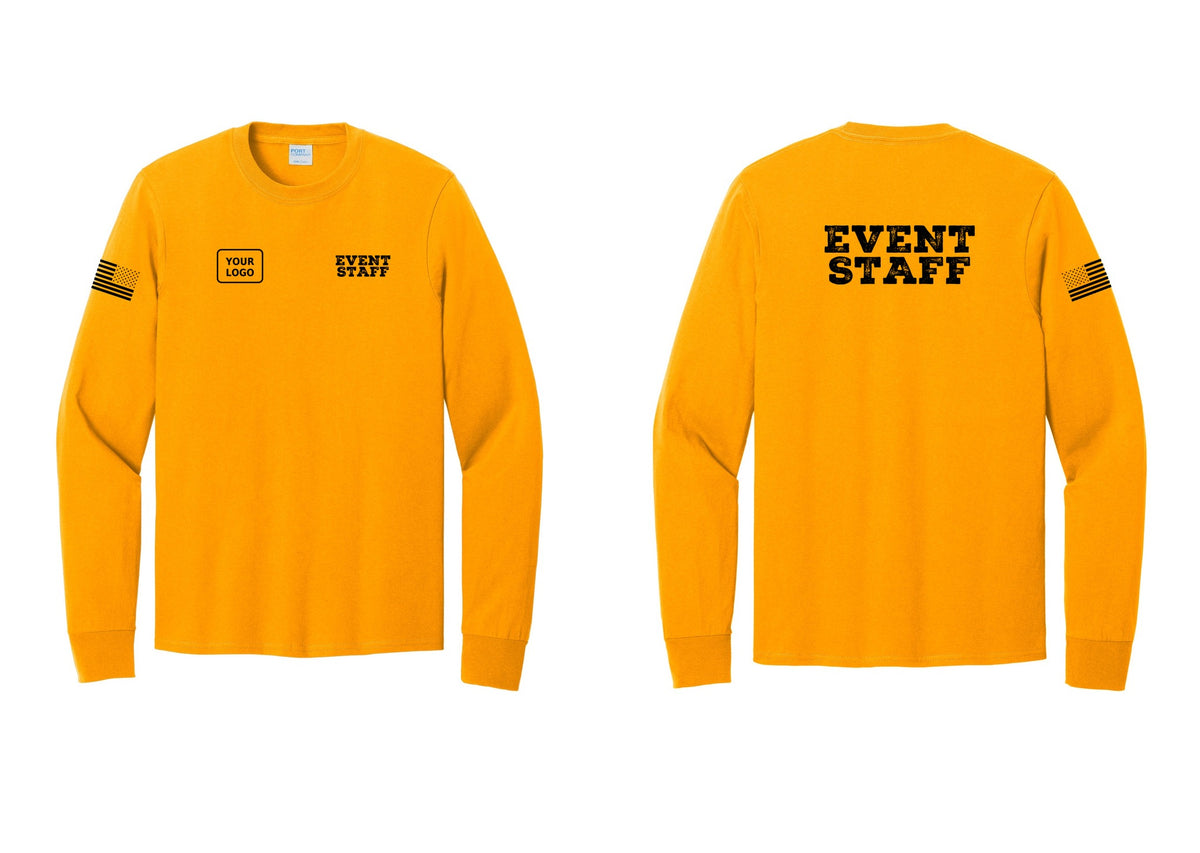 NYC Factory Custom Logo Event Staff Cotton Long Sleeve T-Shirt (Rustic) - EVENT STAFF + Your Logo + Back + US Flag Sleeve - Gold