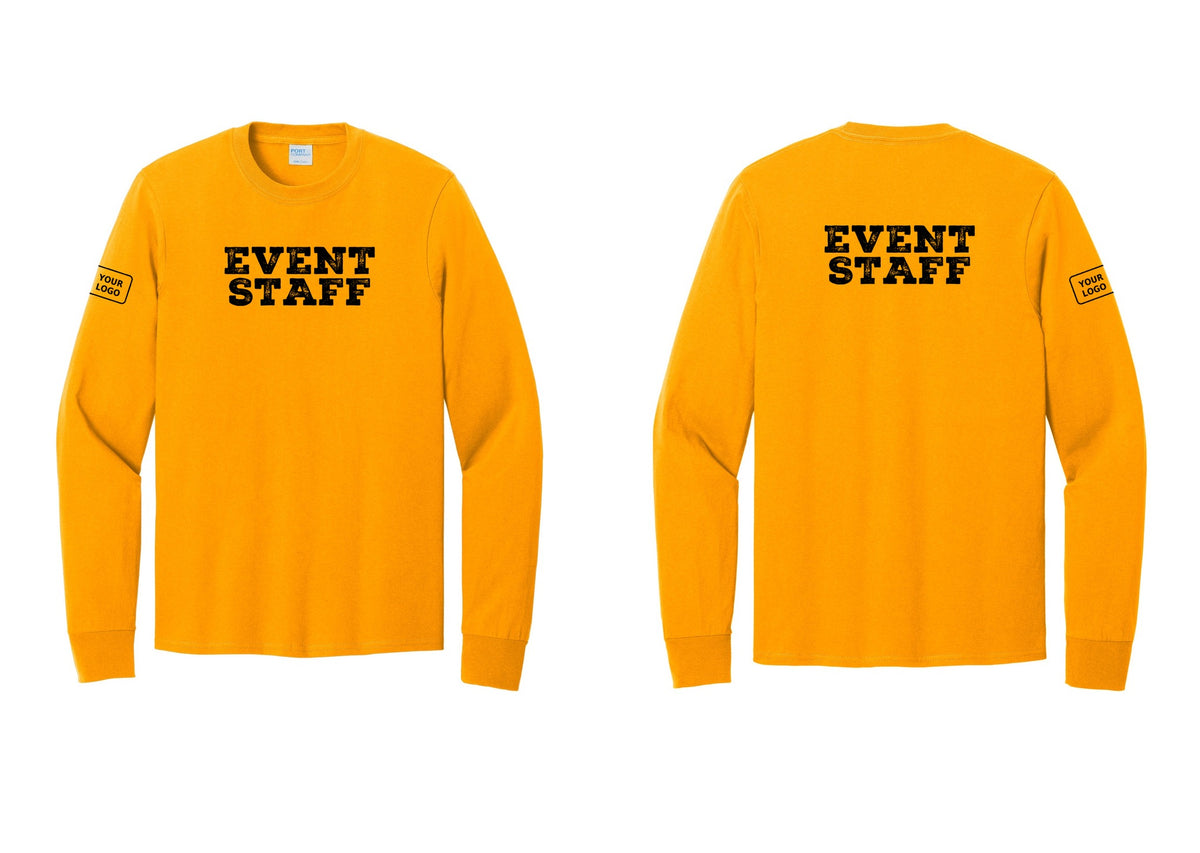 NYC Factory Custom Logo Event Staff Cotton Long Sleeve T-Shirt (Rustic) - Front + Back + Your Logo Sleeve - Gold
