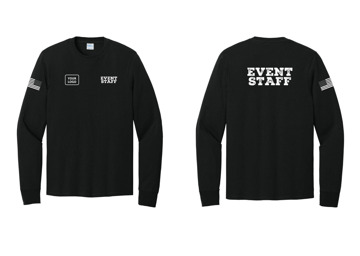 NYC Factory Custom Logo Event Staff Cotton Long Sleeve T-Shirt (Rustic) - EVENT STAFF + Your Logo + Back + US Flag Sleeve - Black