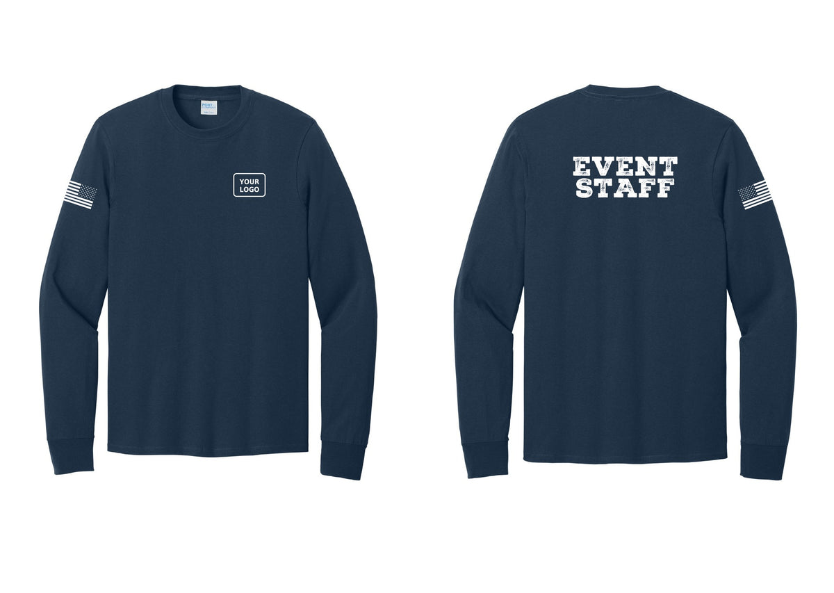 NYC Factory Custom Logo Event Staff Cotton Long Sleeve T-Shirt (Rustic) - Your Logo + Back + US Flag Sleeve - Navy