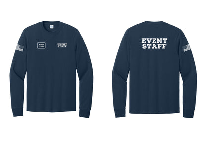 NYC Factory Custom Logo Event Staff Cotton Long Sleeve T-Shirt (Rustic) - EVENT STAFF + Your Logo + Back + US Flag Sleeve - Navy