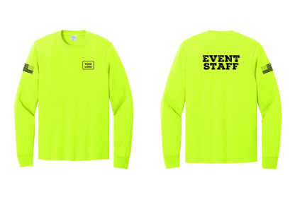 NYC Factory Custom Logo Event Staff Cotton Long Sleeve T-Shirt (Rustic) - Your Logo + Back + US Flag Sleeve - Safety Green