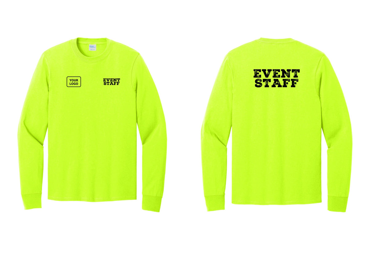 NYC Factory Custom Logo Event Staff Cotton Long Sleeve T-Shirt (Rustic) - EVENT STAFF + Your Logo + Back - Safety Green