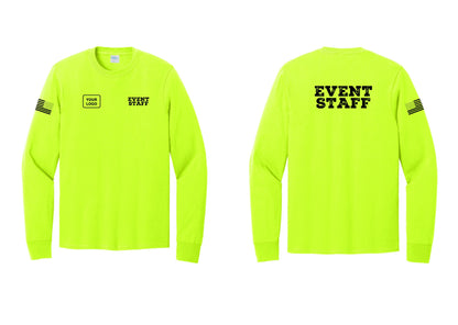 NYC Factory Custom Logo Event Staff Cotton Long Sleeve T-Shirt (Rustic) - EVENT STAFF + Your Logo + Back + US Flag Sleeve - Safety Green