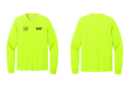 NYC Factory Custom Logo Event Staff Cotton Long Sleeve T-Shirt (Rustic) - EVENT STAFF + Your Logo - Safety Green