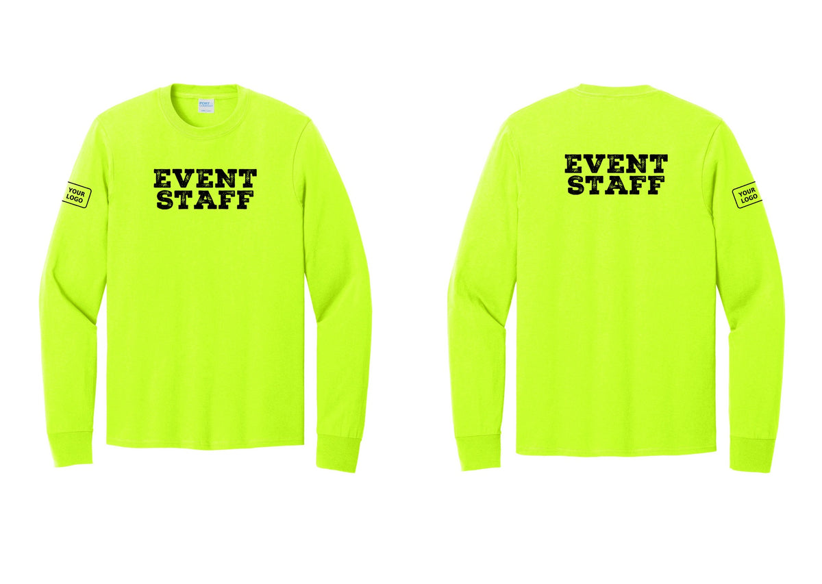 NYC Factory Custom Logo Event Staff Cotton Long Sleeve T-Shirt (Rustic) - Front + Back + Your Logo Sleeve - Safety Green