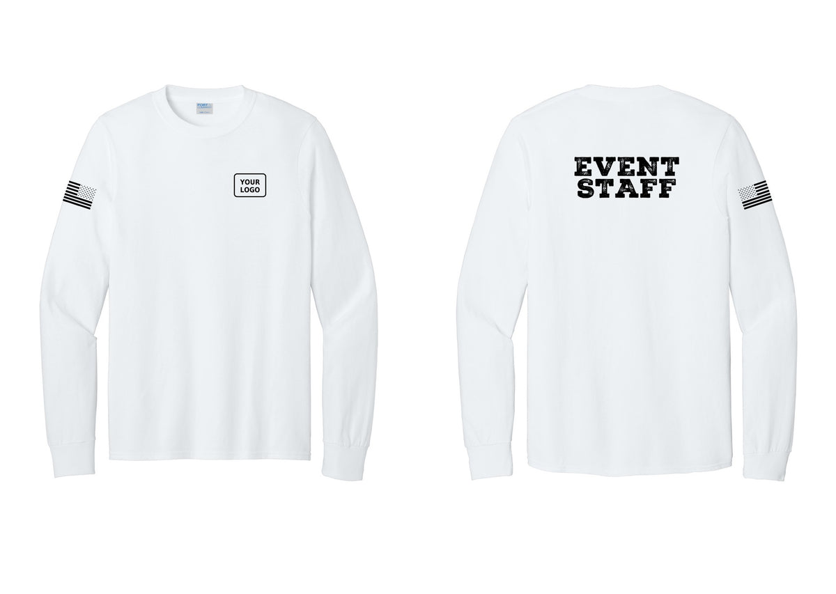 NYC Factory Custom Logo Event Staff Cotton Long Sleeve T-Shirt (Rustic) - Your Logo + Back + US Flag Sleeve - White