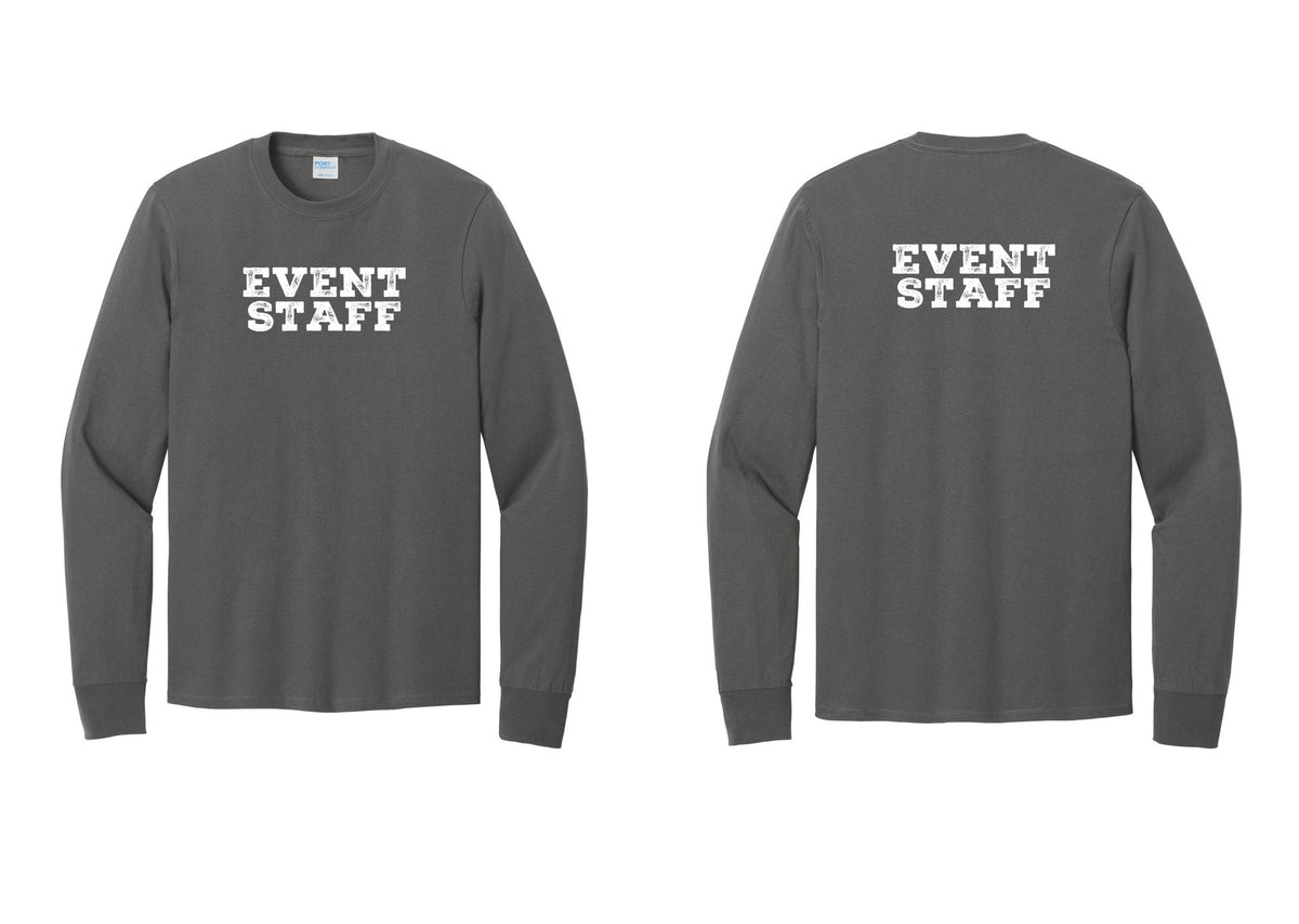 NYC Factory Event Staff Cotton Long Sleeve T-Shirt (Rustic) - Front + Back - Charcoal