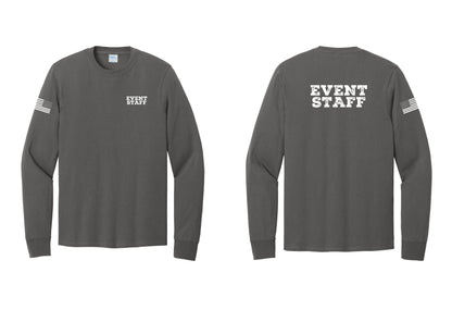 NYC Factory Event Staff Cotton Long Sleeve T-Shirt (Rustic) - Chest + Back + US Flag Sleeve - Charcoal