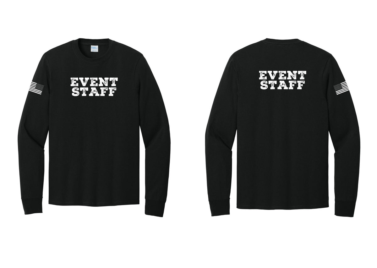 NYC Factory Event Staff Cotton Long Sleeve T-Shirt (Rustic) - Front + Back + US Flag Sleeve - Black