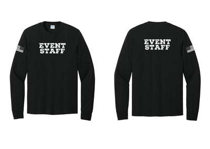 NYC Factory Event Staff Cotton Long Sleeve T-Shirt (Rustic) - Front + Back + US Flag Sleeve - Black