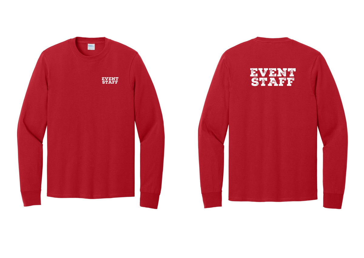 NYC Factory Event Staff Cotton Long Sleeve T-Shirt (Rustic) - Chest + Back - Red