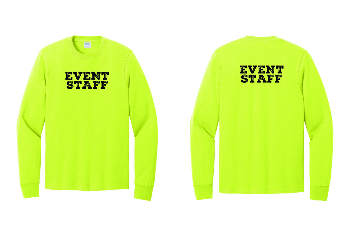 NYC Factory Event Staff Cotton Long Sleeve T-Shirt (Rustic) - Front + Back - Safety Green