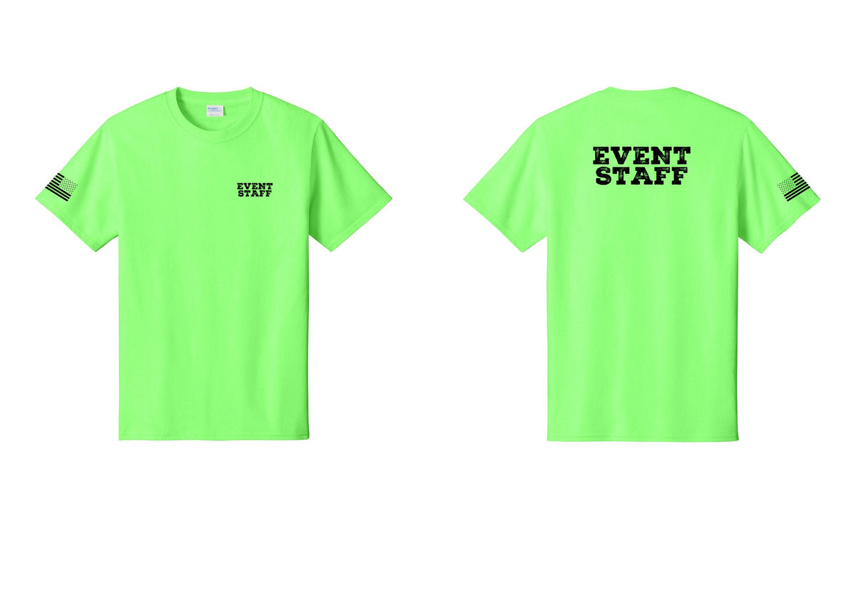 NYC Factory Event Staff T-Shirt - Chest + Back + US Flag Sleeve - Neon Green