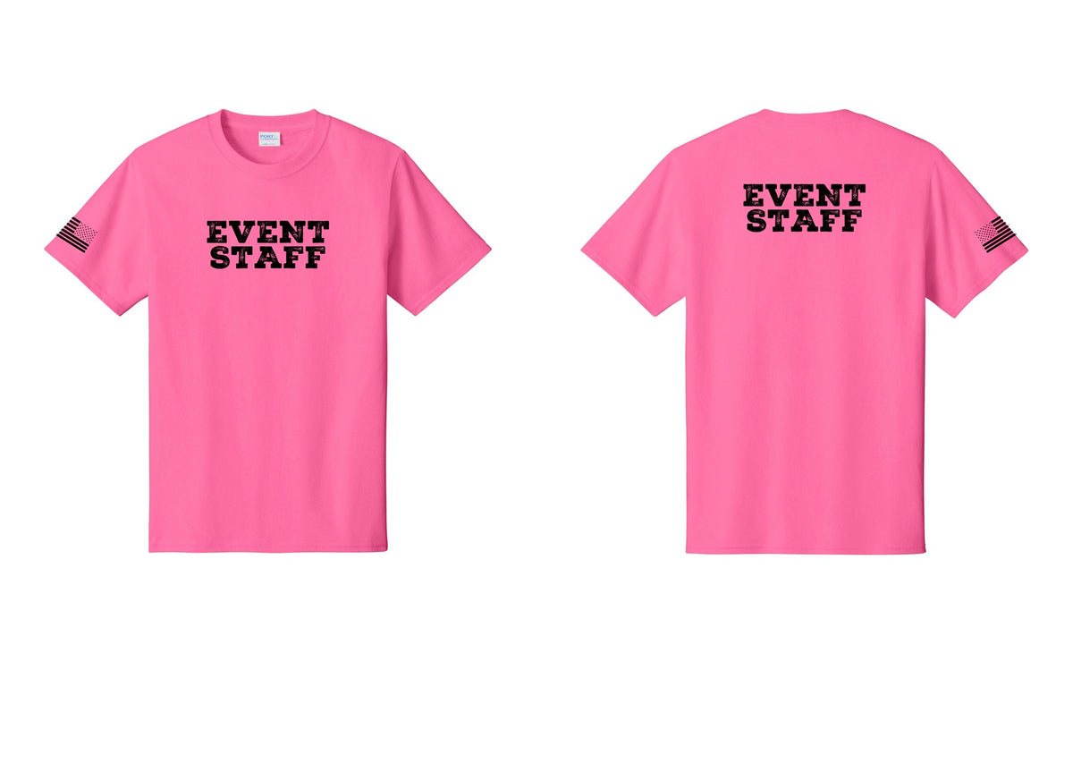 NYC Factory Event Staff T-Shirt - Front + Back + US Flag Sleeve - Neon Pink