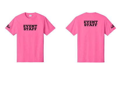 NYC Factory Event Staff T-Shirt - Front + Back + US Flag Sleeve - Neon Pink