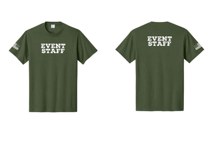 NYC Factory Event Staff T-Shirt - Front + Back + US Flag Sleeve - Olive