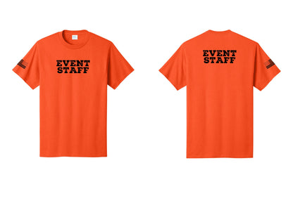 NYC Factory Event Staff T-Shirt - Front + Back + US Flag Sleeve - Orange