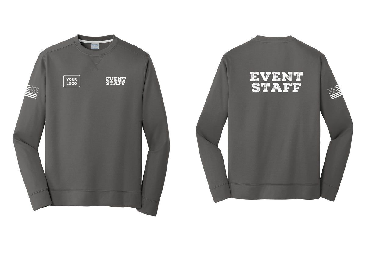 NYC Factory Custom Logo Event Staff Performance Fleece Crewneck Sweatshirt (Rustic) - EVENT STAFF + Your Logo + Back + US Flag Sleeve - Charcoal