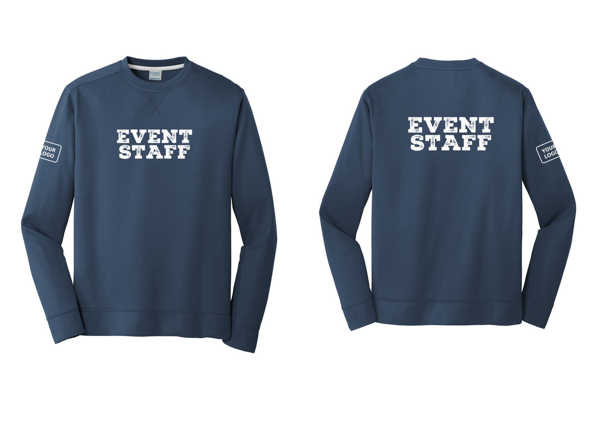 NYC Factory Custom Logo Event Staff Performance Fleece Crewneck Sweatshirt (Rustic) - Front + Back + Your Logo Sleeve - Navy