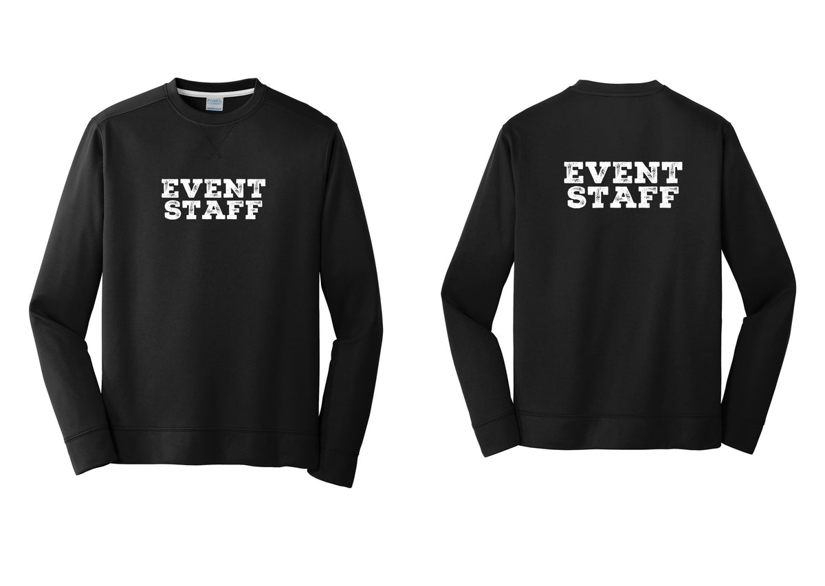 NYC Factory Event Staff Performance Fleece Crewneck Sweatshirt (Rustic) - Front + Back - Black