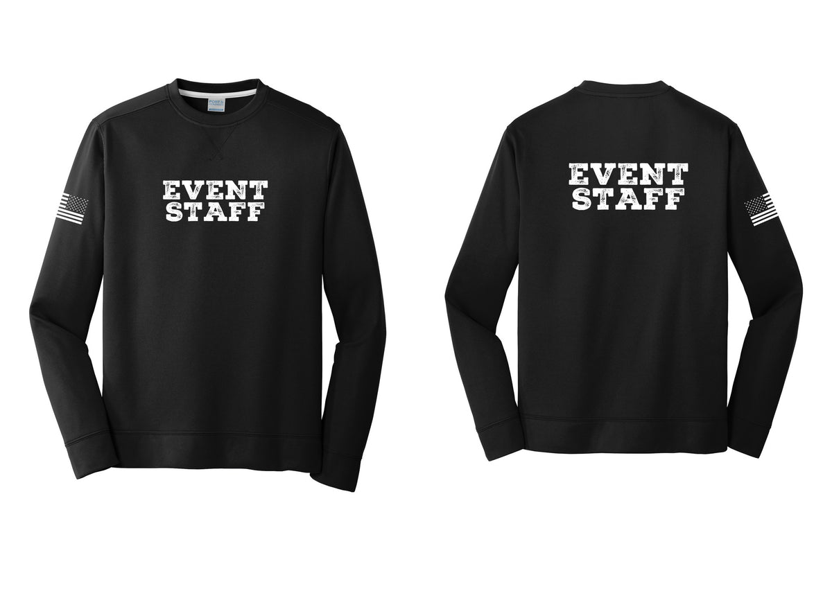 NYC Factory Event Staff Performance Fleece Crewneck Sweatshirt (Rustic) - Front + Back + US Flag Sleeve - Black