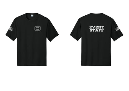 NYC Factory Custom Logo Event Staff Performance T-Shirt (Rustic) - Your Logo + Back + US Flag Sleeve - Black