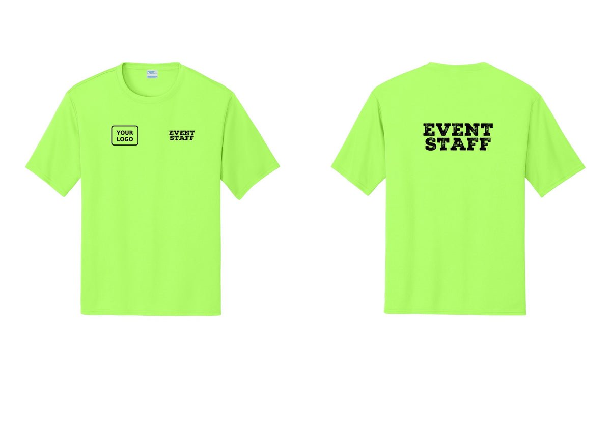 NYC Factory Custom Logo Event Staff Performance T-Shirt (Rustic) - EVENT STAFF + Your Logo + Back - Neon Green