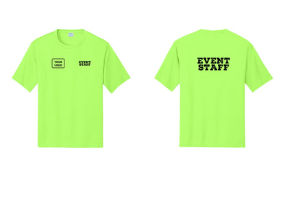 NYC Factory Custom Logo Event Staff Performance T-Shirt (Rustic) - EVENT STAFF + Your Logo + Back - Neon Green