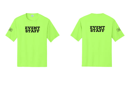 NYC Factory Custom Logo Event Staff Performance T-Shirt (Rustic) - Front + Back + Your Logo Sleeve - Neon Green
