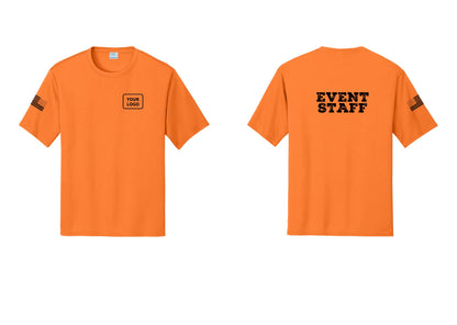 NYC Factory Custom Logo Event Staff Performance T-Shirt (Rustic) - Your Logo + Back + US Flag Sleeve - Neon Orange