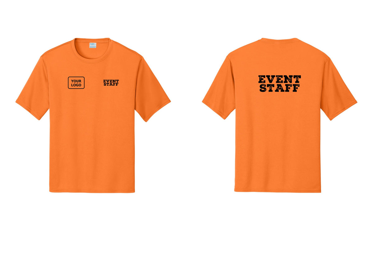 NYC Factory Custom Logo Event Staff Performance T-Shirt (Rustic) - EVENT STAFF + Your Logo + Back - Neon Orange