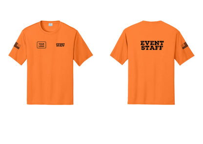 NYC Factory Custom Logo Event Staff Performance T-Shirt (Rustic) - EVENT STAFF + Your Logo + Back + US Flag Sleeve - Neon Orange