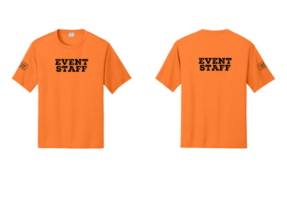 NYC Factory Custom Logo Event Staff Performance T-Shirt (Rustic) - Front + Back + Your Logo Sleeve - Neon Orange