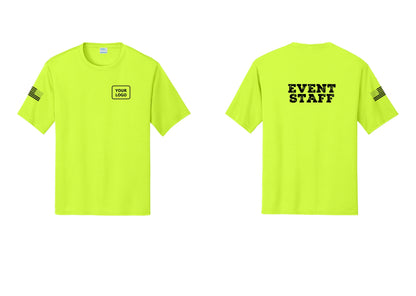 NYC Factory Custom Logo Event Staff Performance T-Shirt (Rustic) - Your Logo + Back + US Flag Sleeve - Neon Yellow