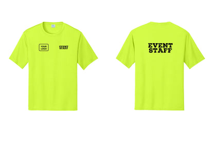 NYC Factory Custom Logo Event Staff Performance T-Shirt (Rustic) - EVENT STAFF + Your Logo + Back - Neon Yellow