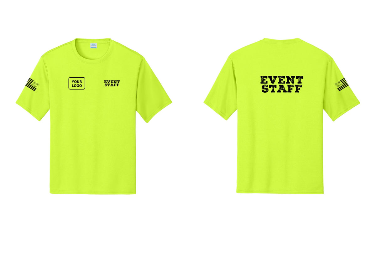 NYC Factory Custom Logo Event Staff Performance T-Shirt (Rustic) - EVENT STAFF + Your Logo + Back + US Flag Sleeve - Neon Yellow