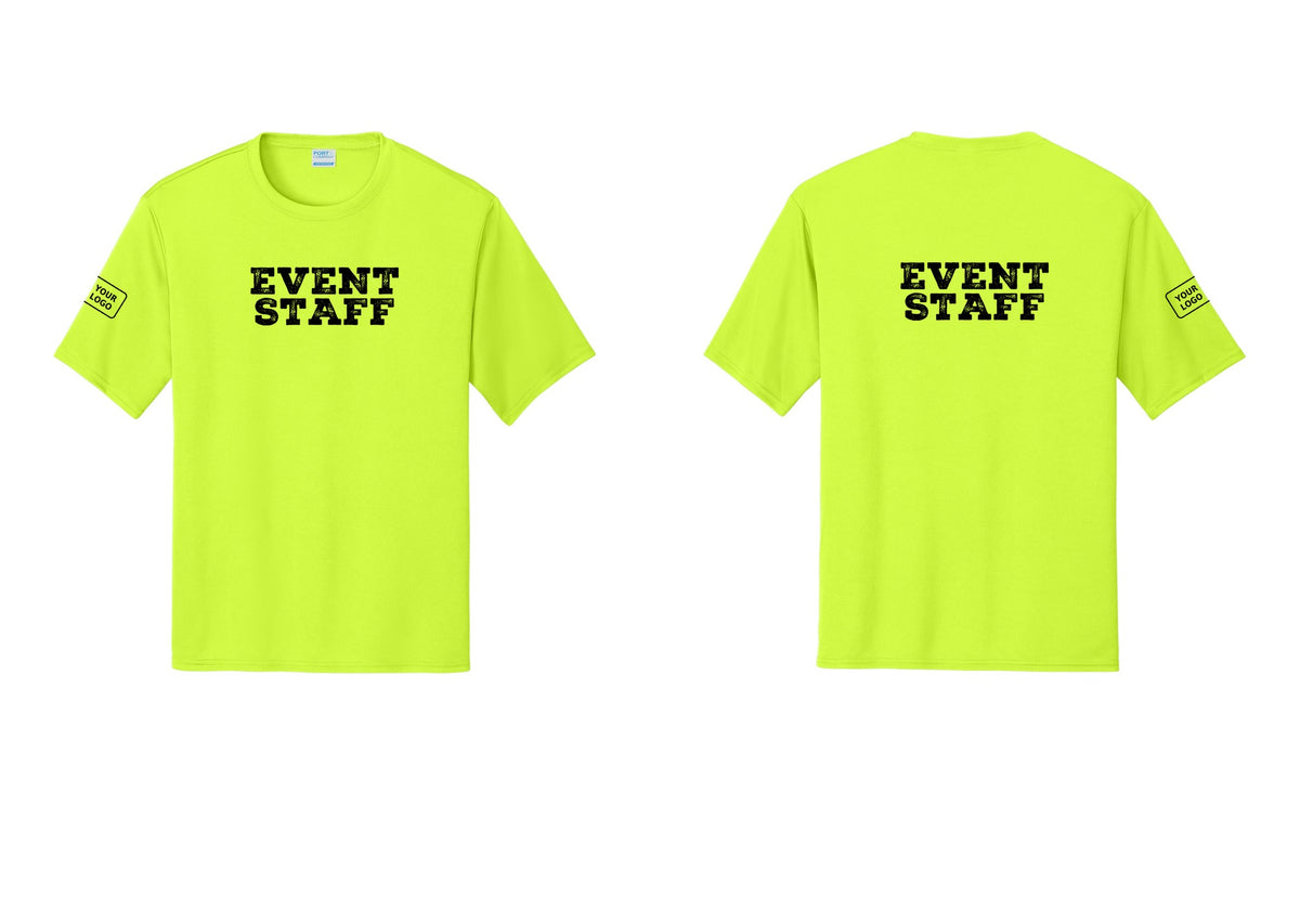NYC Factory Custom Logo Event Staff Performance T-Shirt (Rustic) - Front + Back + Your Logo Sleeve - Neon Yellow