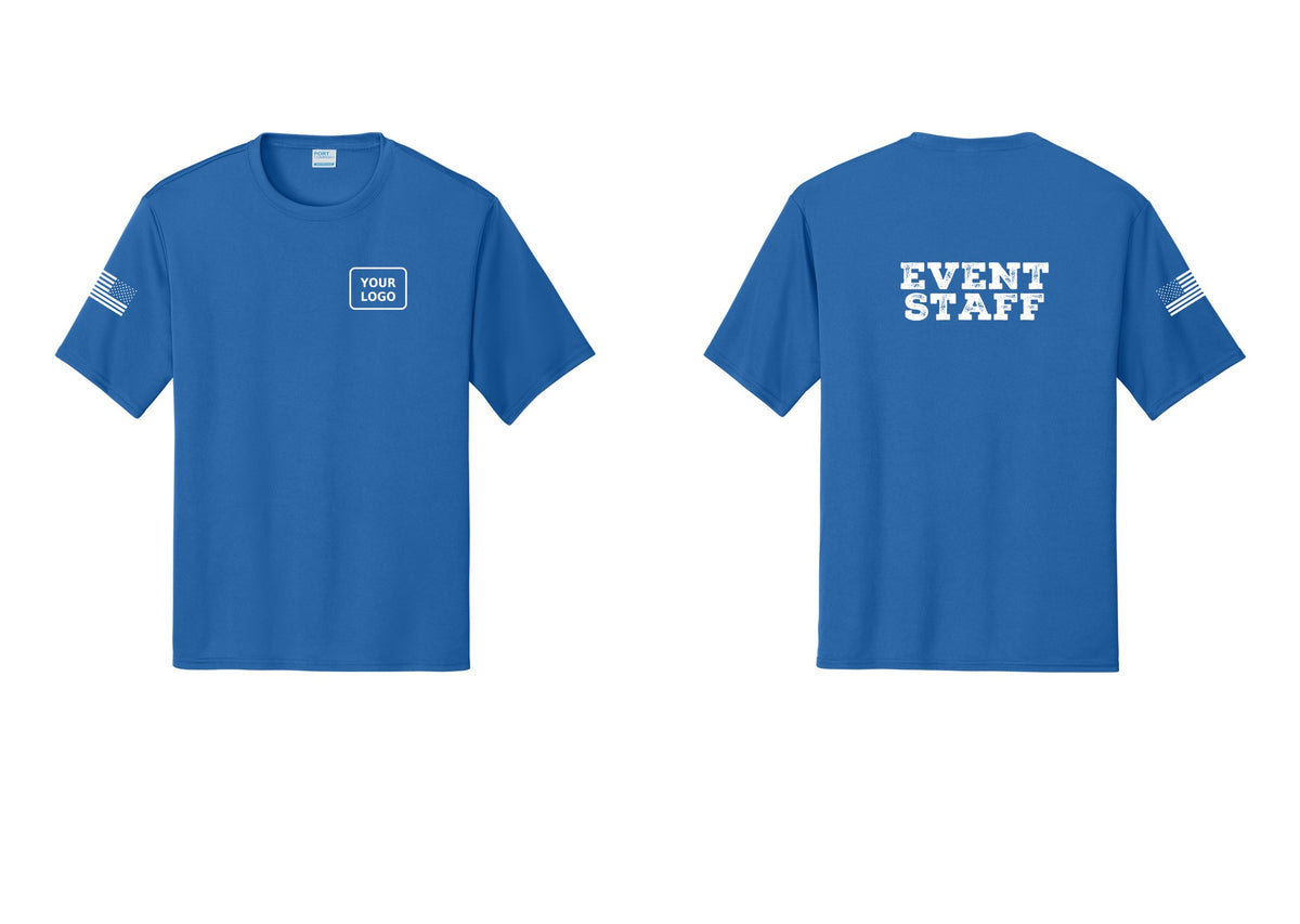 NYC Factory Custom Logo Event Staff Performance T-Shirt (Rustic) - Your Logo + Back + US Flag Sleeve - Royal