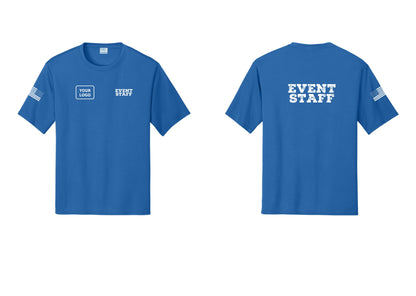 NYC Factory Custom Logo Event Staff Performance T-Shirt (Rustic) - EVENT STAFF + Your Logo + Back + US Flag Sleeve - Royal