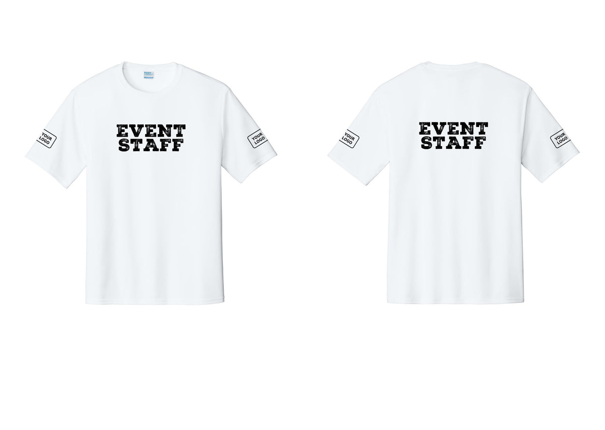 NYC Factory Custom Logo Event Staff Performance T-Shirt (Rustic) - Front + Back + Your Logo Sleeves - White