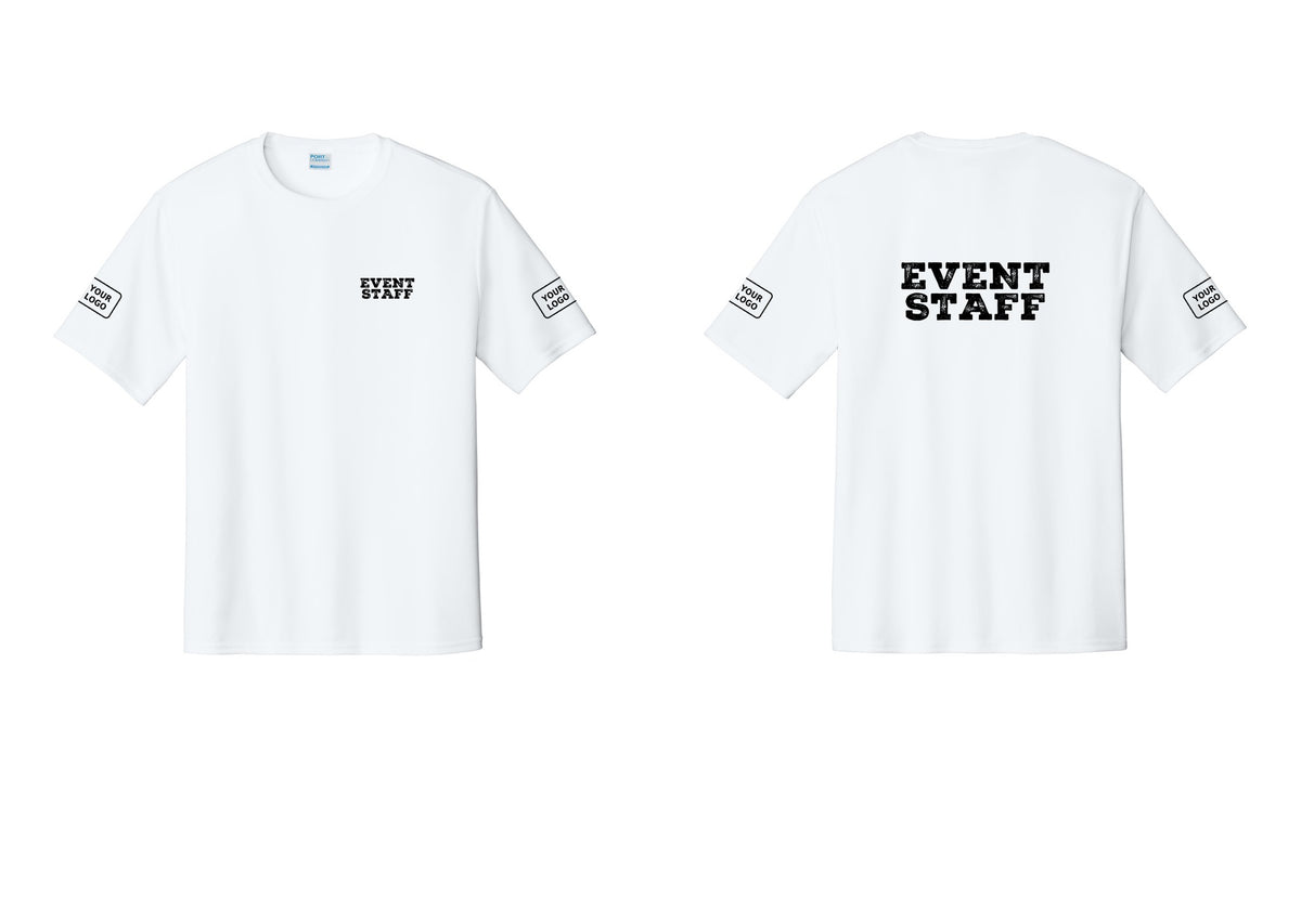 NYC Factory Custom Logo Event Staff Performance T-Shirt (Rustic) - Chest + Back + Your Logo Sleeves - White