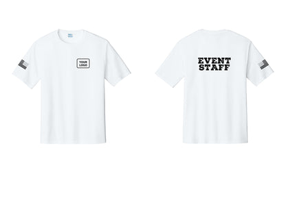 NYC Factory Custom Logo Event Staff Performance T-Shirt (Rustic) - Your Logo + Back + US Flag Sleeve - White