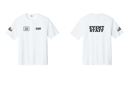 NYC Factory Custom Logo Event Staff Performance T-Shirt (Rustic) - EVENT STAFF + Your Logo + Back + US Flag Sleeve - White