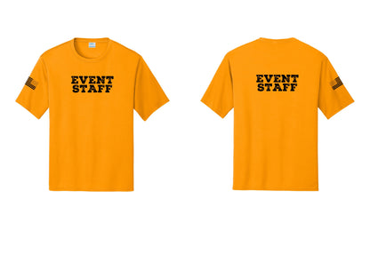 NYC Factory Event Staff Performance T-Shirt (Rustic) - Front + Back + US Flag Sleeve - Gold