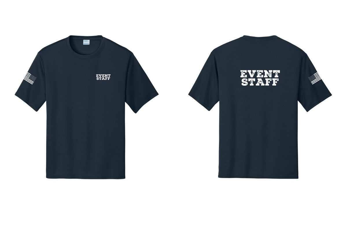 NYC Factory Event Staff Performance T-Shirt (Rustic) - Chest + Back + US Flag Sleeve - Navy