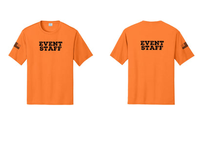 NYC Factory Event Staff Performance T-Shirt (Rustic) - Front + Back + US Flag Sleeve - Neon Orange