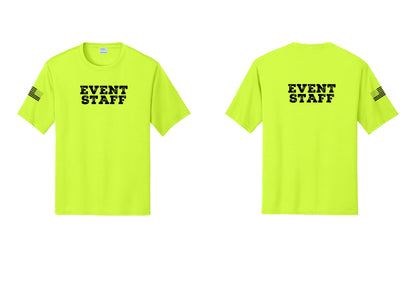 NYC Factory Event Staff Performance T-Shirt (Rustic) - Front + Back + US Flag Sleeve - Neon Yellow