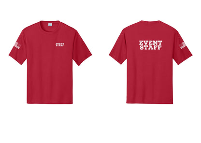 NYC Factory Event Staff Performance T-Shirt (Rustic) - Chest + Back + US Flag Sleeve - Red