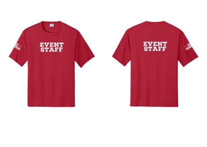 NYC Factory Event Staff Performance T-Shirt (Rustic) - Front + Back + US Flag Sleeve - Red